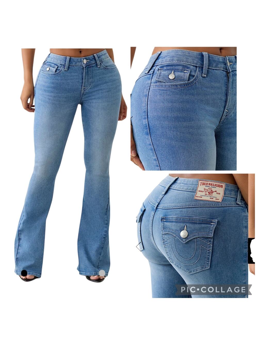True Religion Joey Mid Rise Flap Pockets Flare Jeans Light Idyllic Wash Size 28